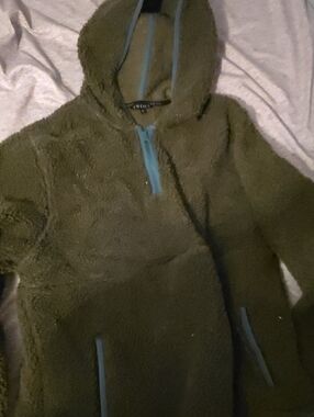 ZELOS Olive Green Sherpa Hoodie with Teal Trim